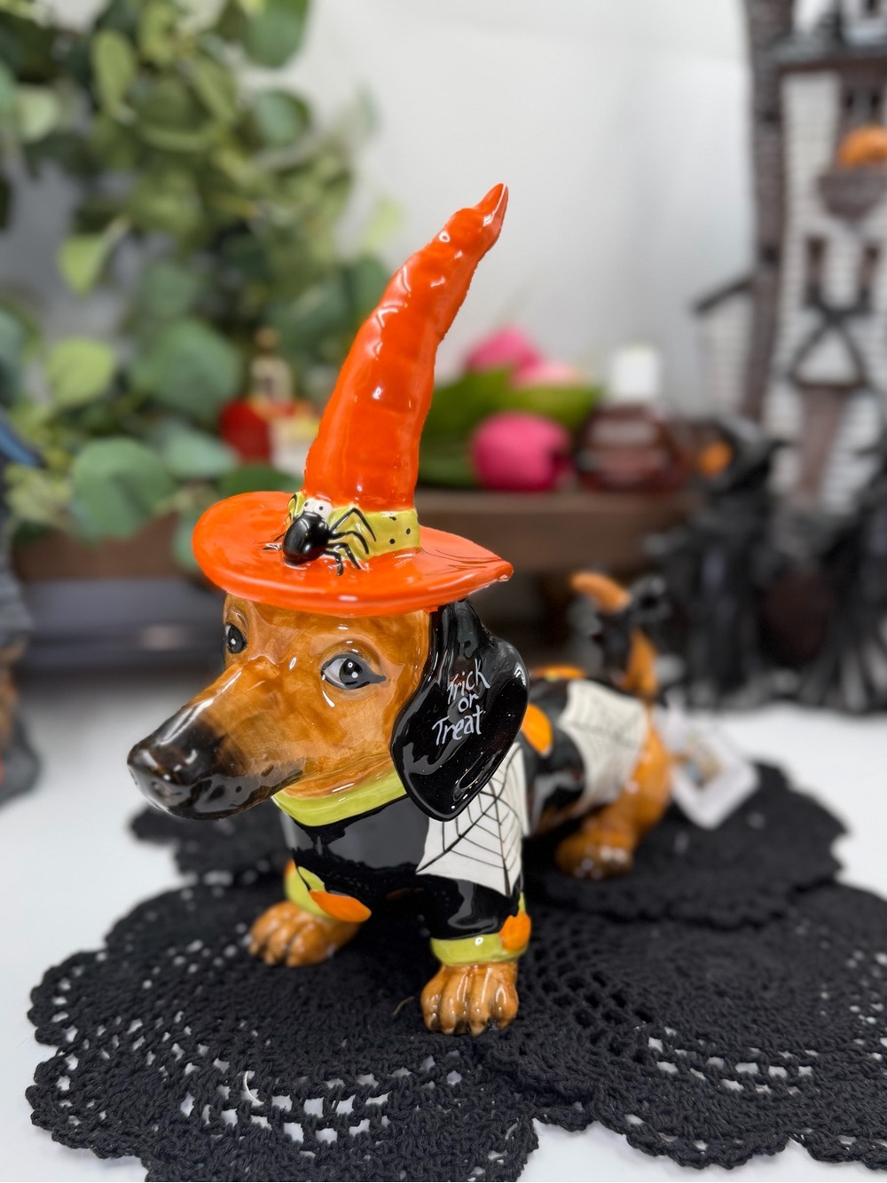 Viral blue sky clayworks trick or treat dachshund witch halloween figurine
